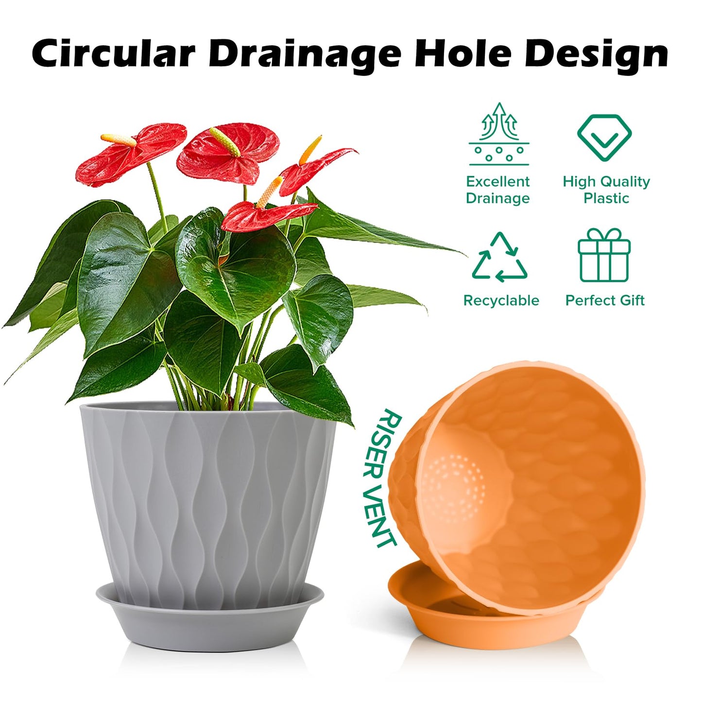 GARDIFE 7/6.5/6/5.5/5/4.5/4 inch Plant Pots, 7 Pack Flower Pots Indoor Outdoor, Planters with Drainage Holes and Tray Saucers (Color-Green)
