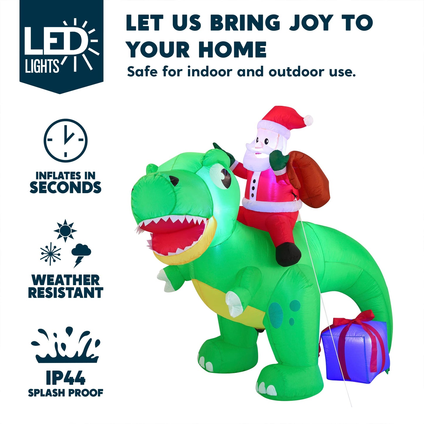 Joiedomi 6 FT Long Christmas Inflatable Dinosaur Outdoor Decoration, Inflatable Santa Riding Dinosaur with Build-in LEDs, Christmas Blow Up Yard Decoration for Xmas Party Garden Lawn Winter Décor