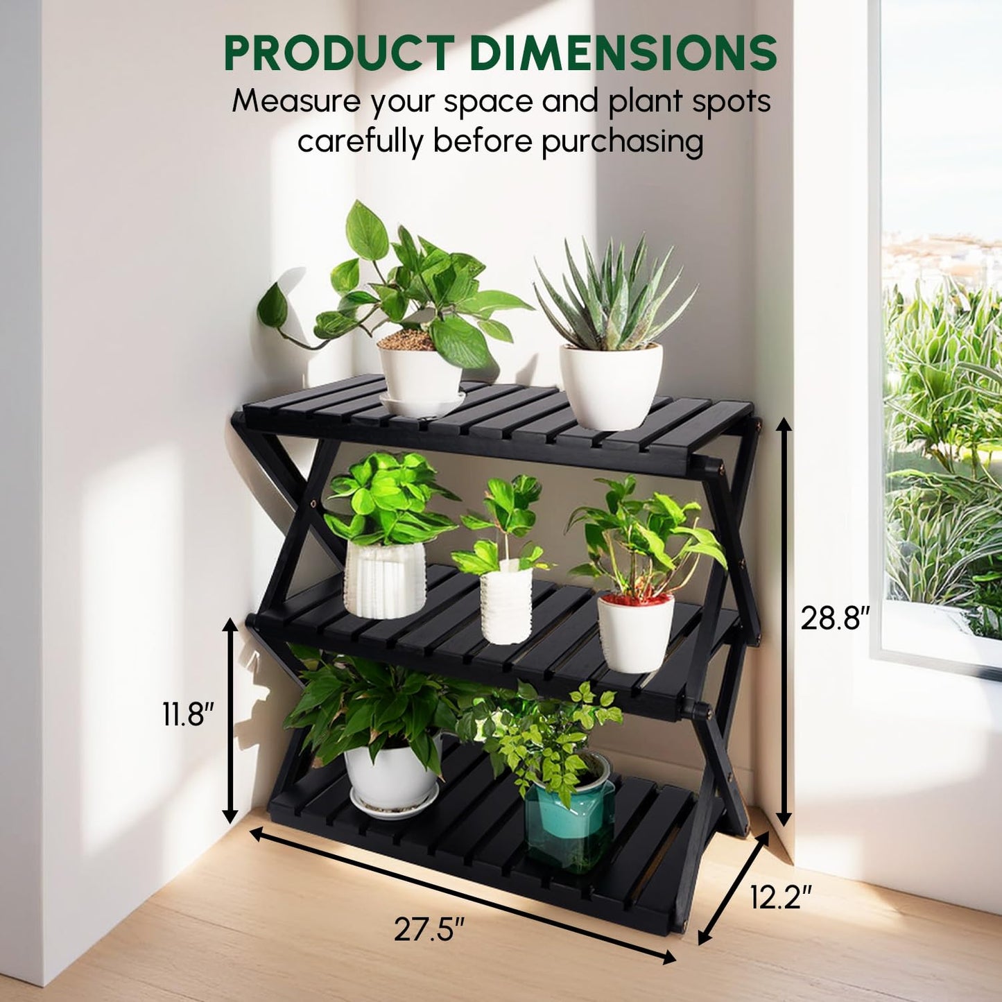 BEEFURNI Acacia Plant Stand Indoor, Wooden Outdoor Plant Stand, Foldable Plant Stand, 3 Tier Conner Space Flower Stand, Plant Ladder Stand (Black)