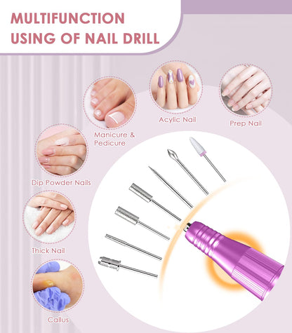 Portable Nail Drill Electric File: 40000RPM Professional Rechargeable Nail E-File Machine, Cordless Nail Drill with Bits & Base for Acrylic Nails Remove Nail Gel Polish Manicure for Salon Home, White