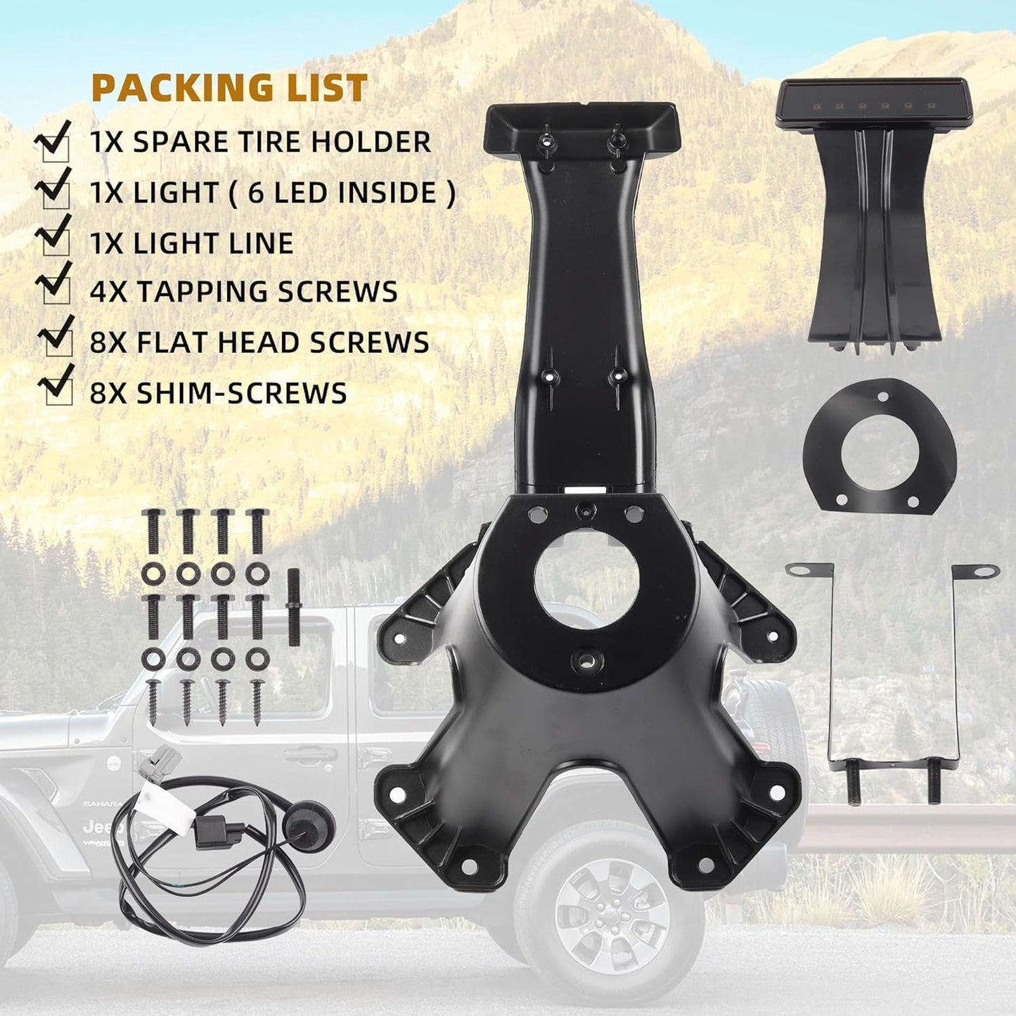 Dasbecan Spare Tire Holder Bracket Tire Carrier Rack Compatible with Jeep Wrangler JK 2007-2018 Replaces# 55397217AJ 68048581AA, High Center Mount 3rd Third Brake Light Assembly with Line,Black