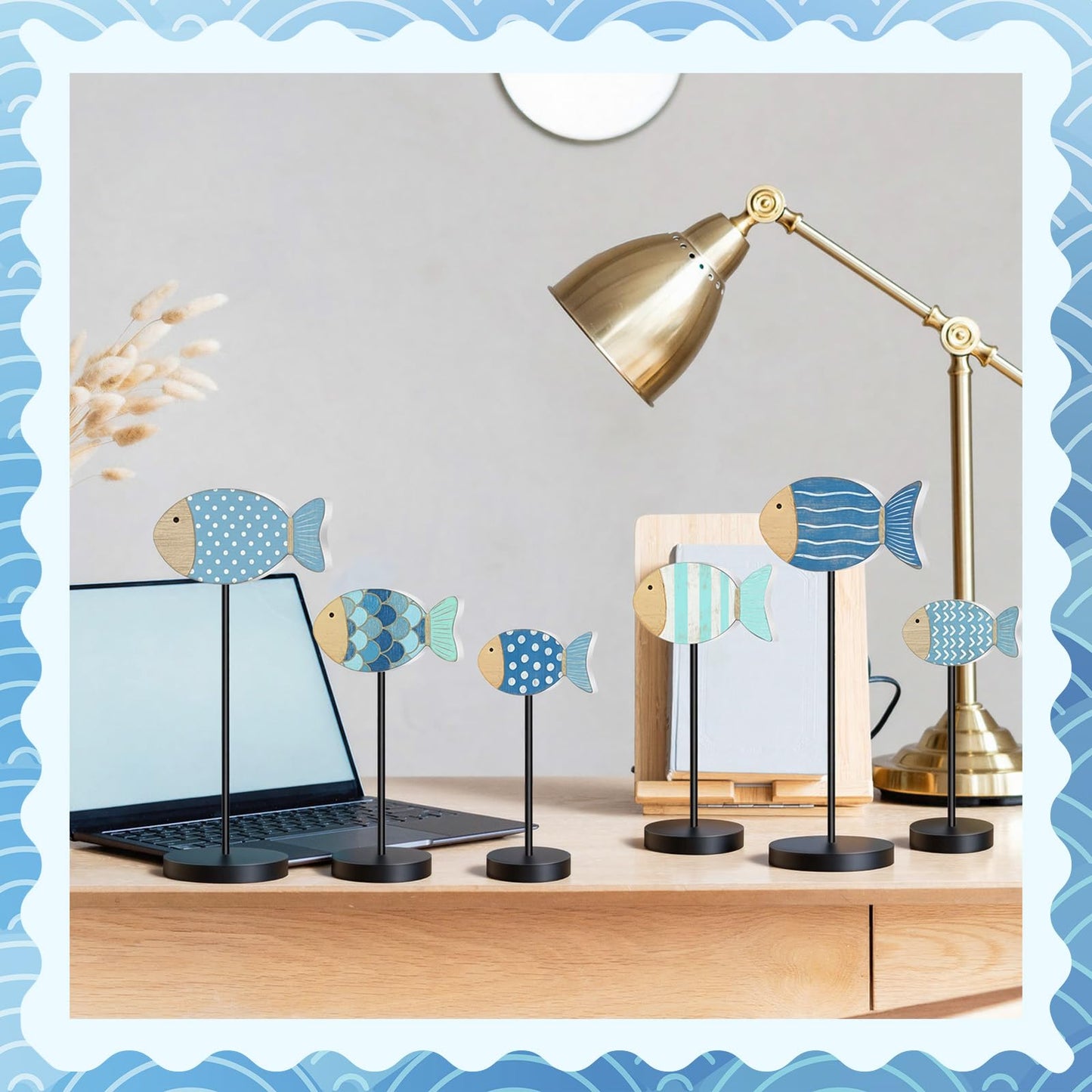 Geetery 6 Pcs Wooden Fish Table Decor Summer Ocean Tabletop Centerpiece Sea Animal Standing Sign Rustic Wood Fish Home Decor Coastal Beach Figurines Block for House Office (Cute Style)