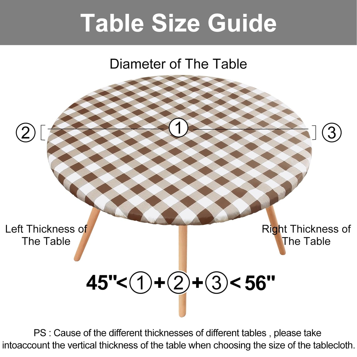 Smiry Round Picnic Tablecloth, Elastic Waterproof Fitted Vinyl Tablecloths for 45"-56" Tables, Flannel Backed Buffalo Plaid Table Cover for Dining, Camping, Outdoor, White and Brown