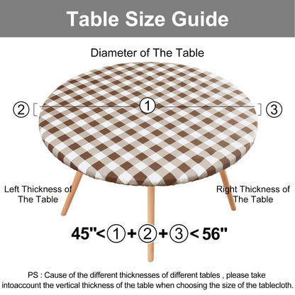 Smiry Round Picnic Tablecloth, Elastic Waterproof Fitted Vinyl Tablecloths for 45"-56" Tables, Flannel Backed Buffalo Plaid Table Cover for Dining, Camping, Outdoor, White and Brown