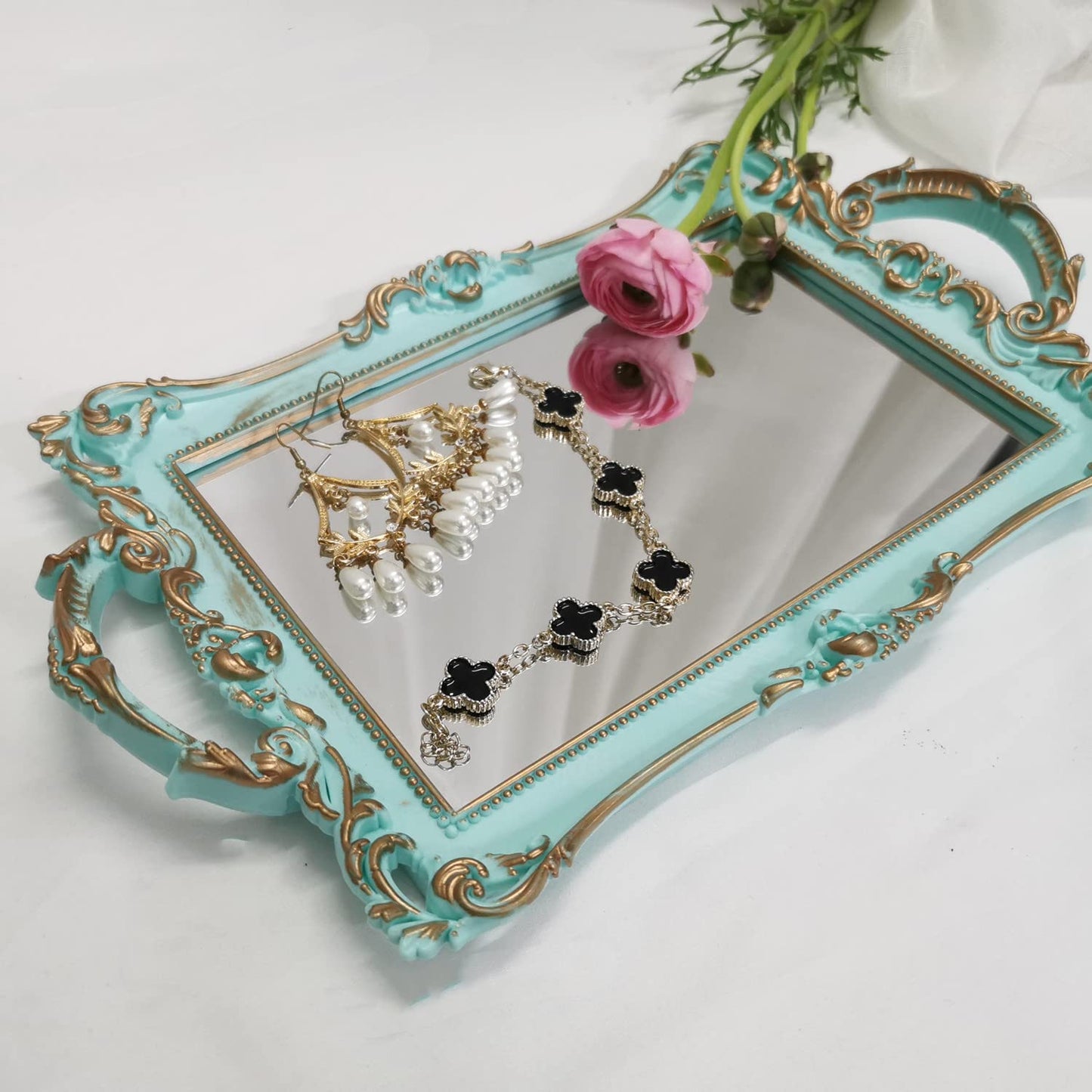 Yamfurga Small Rectangle Decorative Mirror Tray, French Style, Makeup Organizer, Jewelry Organizer, Serving Tray, 13"x 7.8", Golden Blue