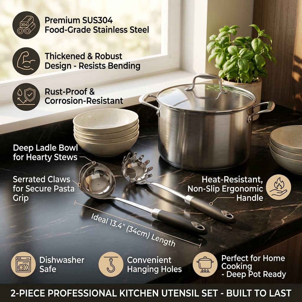 18/10 Stainless Steel Soup Ladle and Pasta Server Set, 2-Piece