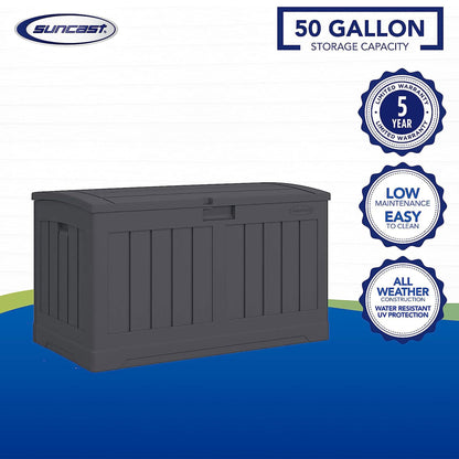 Suncast 50 Gallon Medium Capacity All Weather Construction Resin Outdoor Storage Deck Box with Arched Lid for Patio, Garden, or Pool, Peppercorn