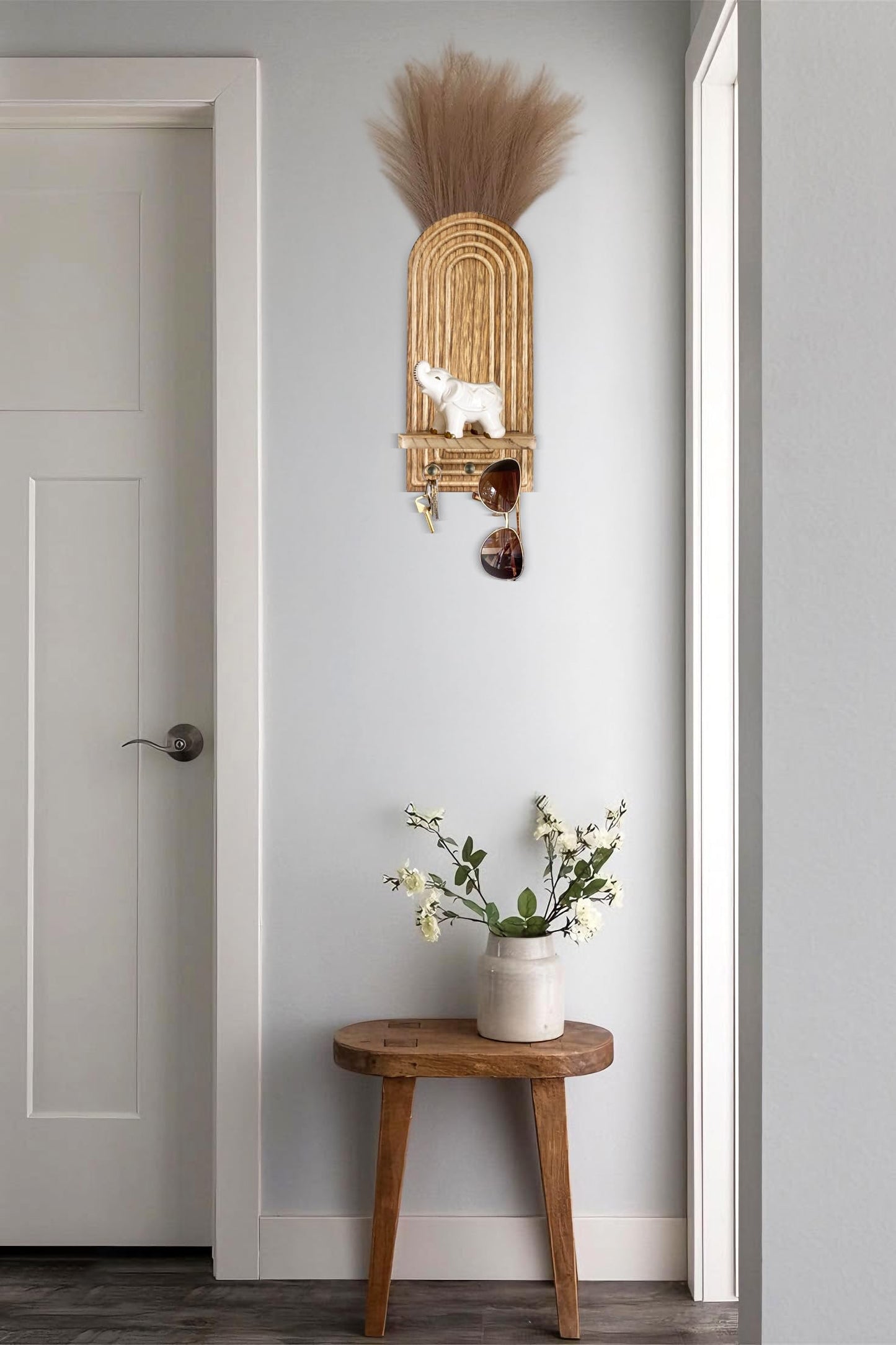 3-in-1 Wooden Wall Organizer - Planter Vase + Candle Sconces + Hooks (No Dried Flower)- Farmhouse Hanging Decor Boho Wall Art for Indoor Plants Artificial Eucalyptus for Living Room Bedroom Nature