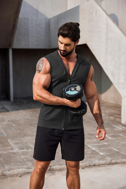 COOFANDY Men 2 Pack Fitness Tank Top Cotton Cutoff T Shirt Zip Gym Hoodies Workout Hooded Tank Athletic Black and Dark Grey L