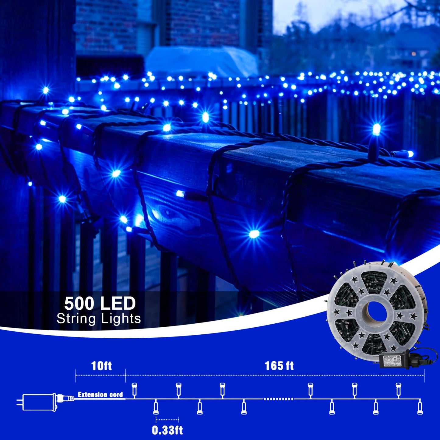 QITONG 500LED Blue String Lights, 165ft Christmas Lights Outdoor Waterproof with Plug in, Green Wire Twinkle Tree Lights Indoor with 8 Modes