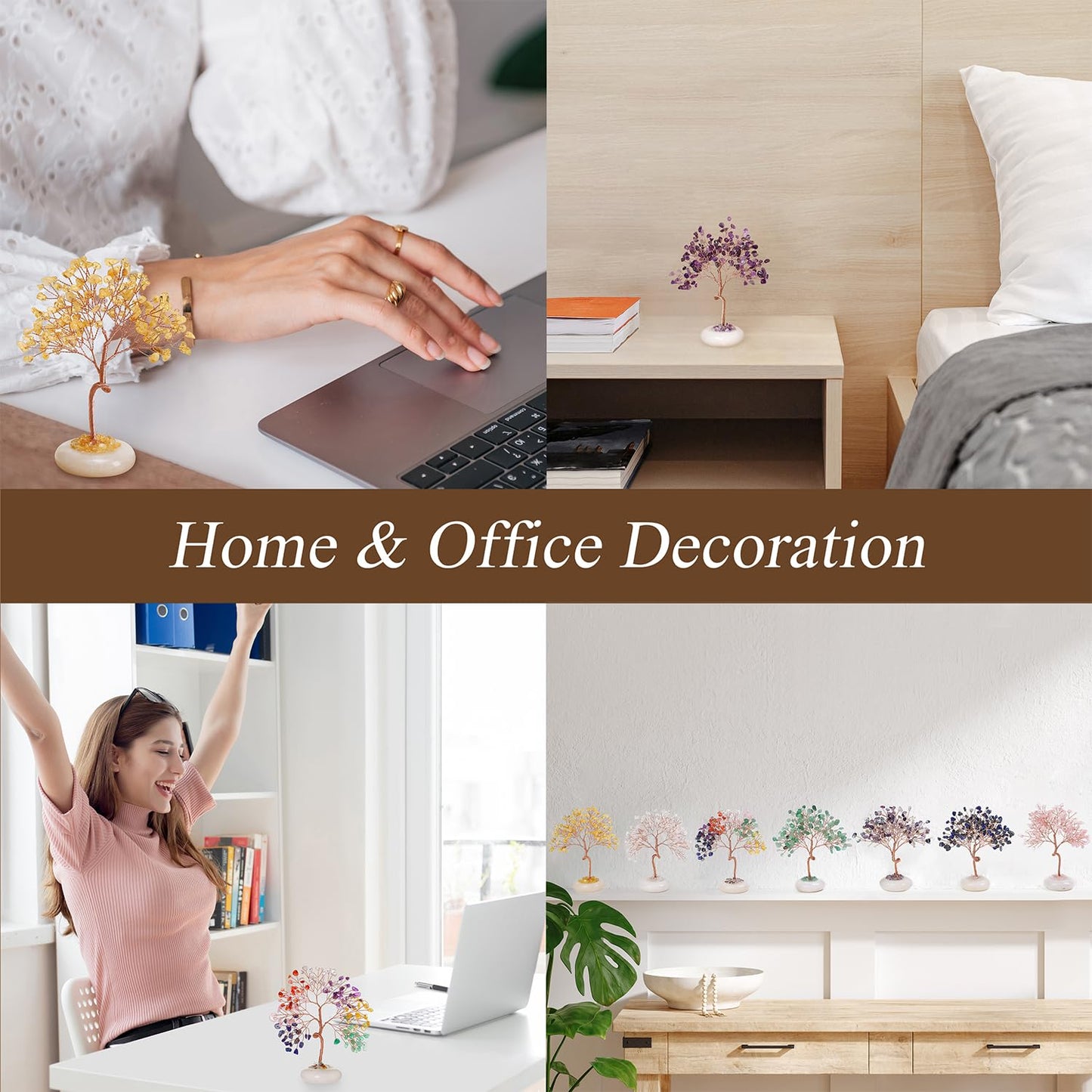 Clear Quartz Healing Crystal Tree of Life, Office Desk Home Shelf Decor, Bonsai Natural Stone Healing Crystals Copper Wire Money Tree with White Jade Base Spiritual Yoga Gifts for Women Men