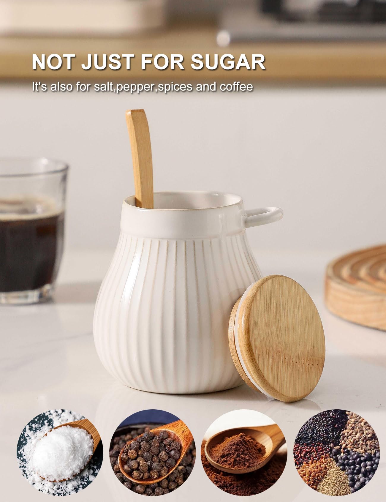 TEAKISS Sugar Bowl with Wooden Lid and Spoon, Ceramic Sugar Container for Coffee Bar, Sugar Jar Holder Sugar Dispenser Bowl for Sea Salt, Spice and Sugar, Glazed White