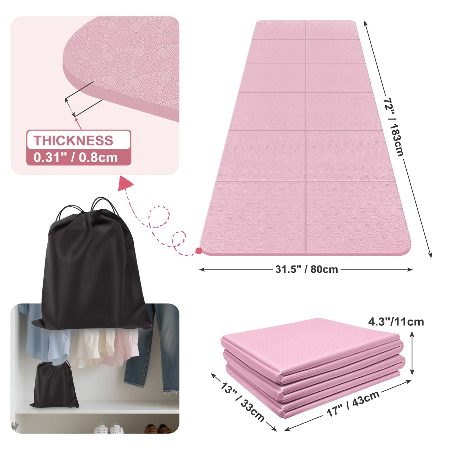 Kanonmaori Foldable Yoga Mat for Travel 72"x 32"x 0.32"Inch, 8mm Thick Folding Exercise Mat, Outdoor Non-slip Pilates Mat for Women & Men, Wide Yoga Mat Packable for Workout and Fitness（pink）