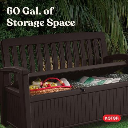 Keter 60 Gallon Storage Bench Deck Box for Patio Furniture, Front Porch Decor and Outdoor Seating – Perfect to Store Garden Tools