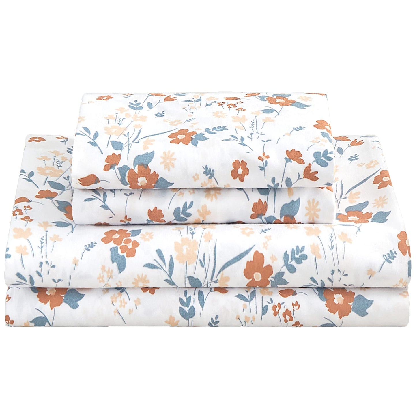 Softan Floral Twin Size Sheet Set, Orange Flower Printed Bed Sheets for Girls, 3-Piece Microfiber Single Fitted Sheet with 15" Deep Pocket & Non-Slip Straps, Patterned Bedding Sheets & Pillowcase Set