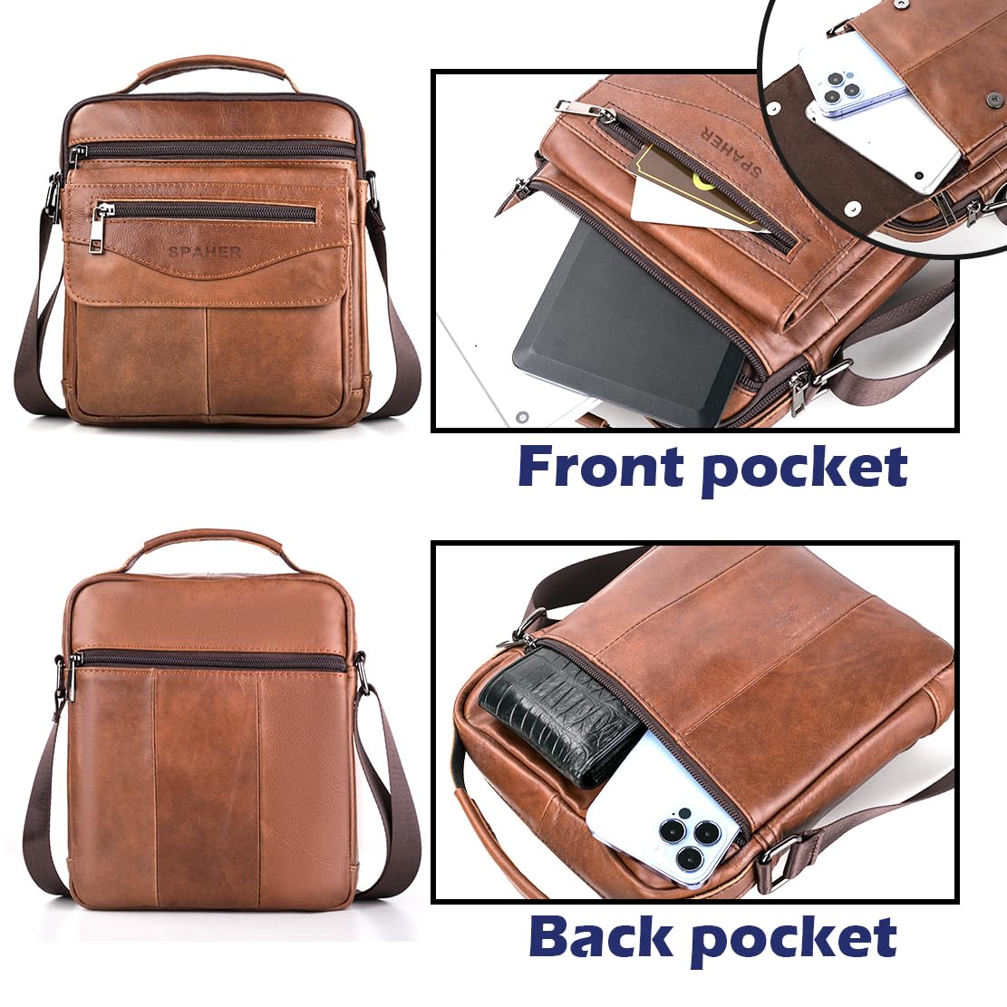 SPAHER Men Leather Handbags Shoulder Bags Messenger Business Bag Crossbody Satchel Sling Waterproof Travel Bag Daily Man Bag with Adjustable Shoulder Strap for Ipad 11 Inch Brown