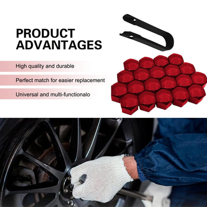 Cuymoap 20 PCS Lug Nut Covers, 19 mm Tire Nut Dustproof Protective Cover with Pull Clip, Rustproof Electroplated Aesthetically Pleasing Decoration, for Most Cars Tire Trim Accessories (Red)