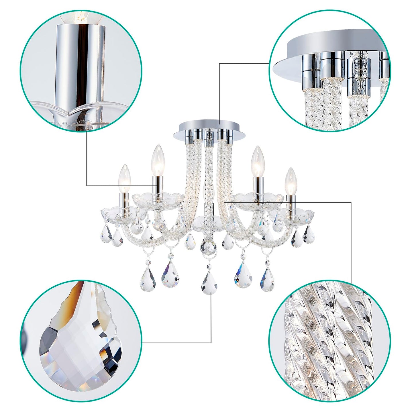 GlowEasely French K9 Crystal Maria Theresa Candle Chandelier, Luxury Vintage Pendant Light Fixture for Dining Room, Living Room, 5 Lights, D22.4*H15.7 inch, Clear Crystal & Chrome Finish Frame