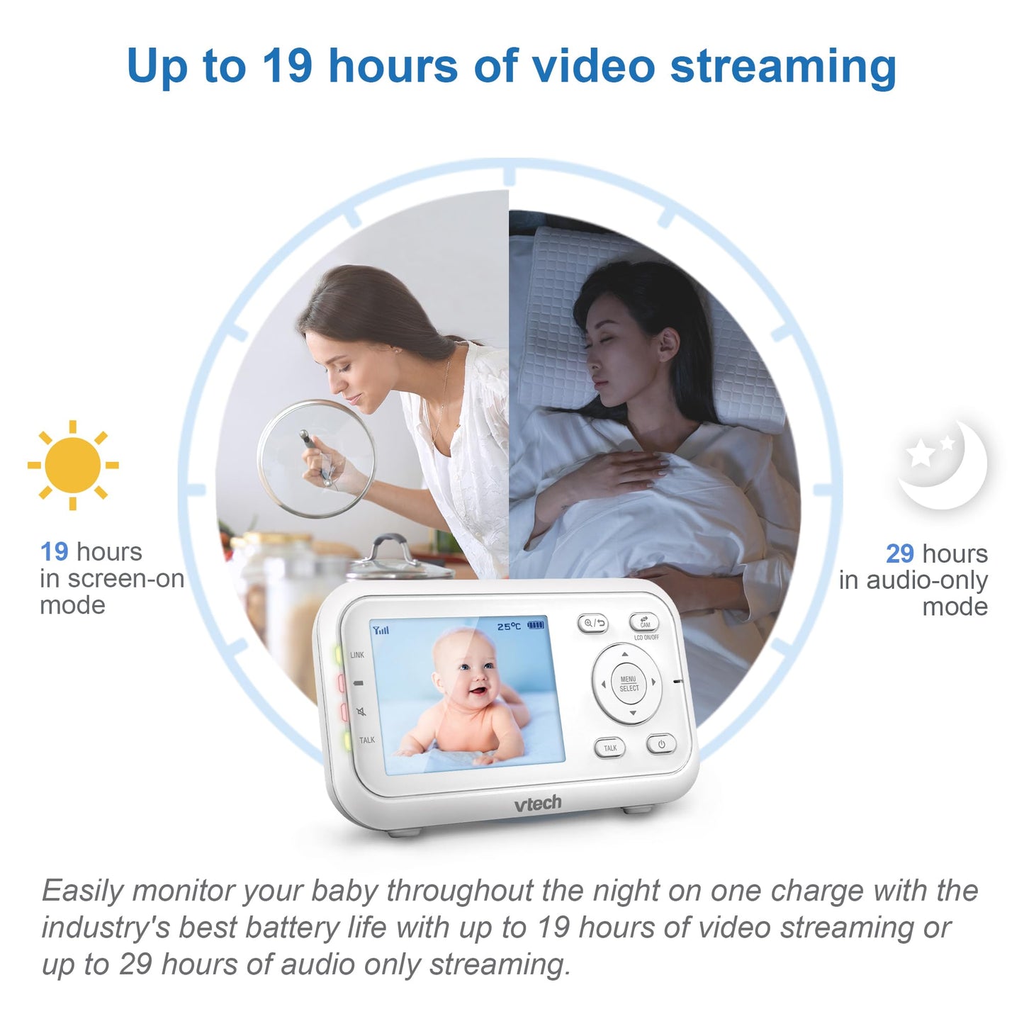 VTech VM3250 Video Baby Monitor with Camera,300m Long Range, Baby Monitor with 2.8" LCD Screen,Up to 19-hr Video Streaming,Night Vision,Secured Transmission,Temperature Sensor,Soothing Sounds,2X Zoom