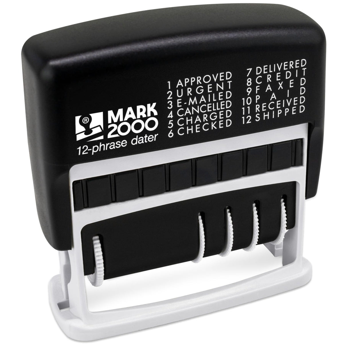 Mark 2000 12-Phrase Dater - Self-Inking Stamp - Blue Ink, Red Date