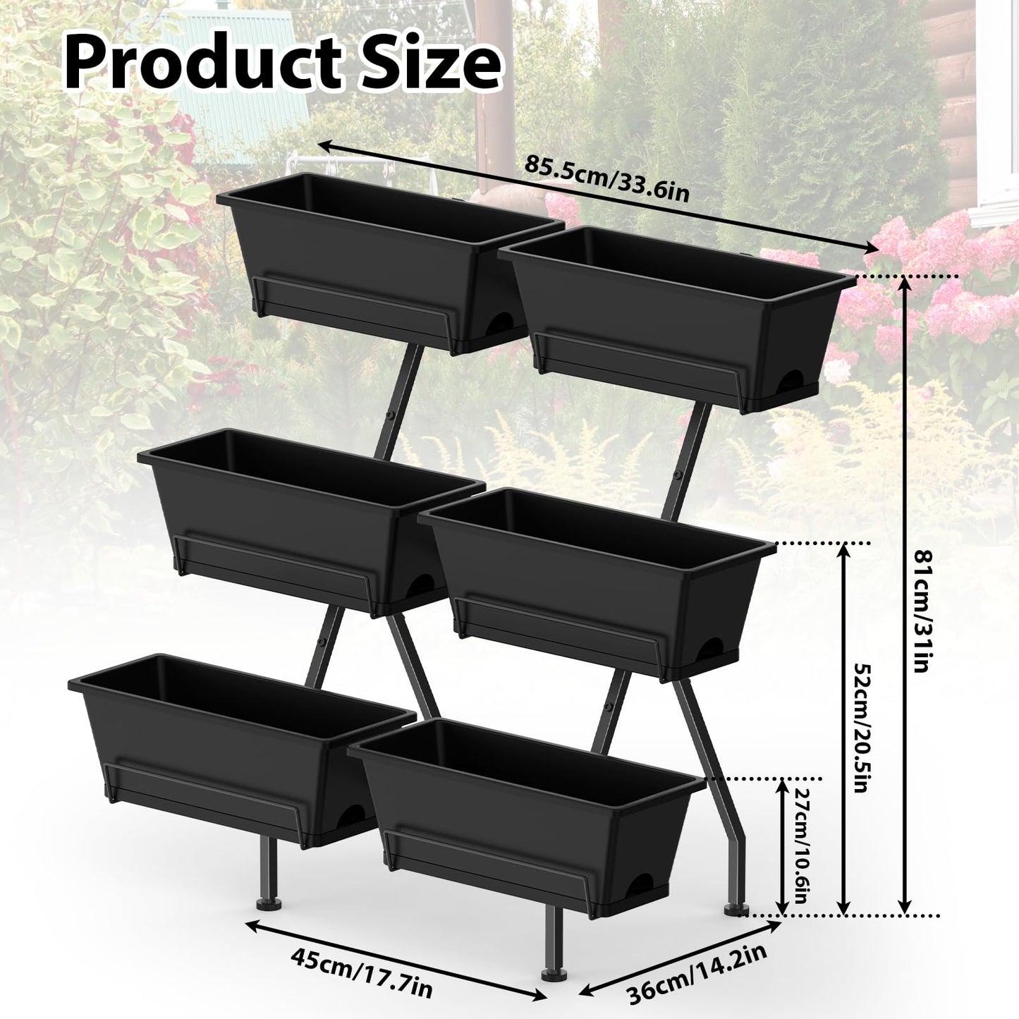 Sunexinlo 3-Tier Vertical Garden Planter with 6 Boxes, 31" Tall Raised Garden Bed with Adjustable Feet for Herbs, Flowers, Vegetables, Ideal for Indoor, Outdoor, Patio, Balcony, Deck Use, Black
