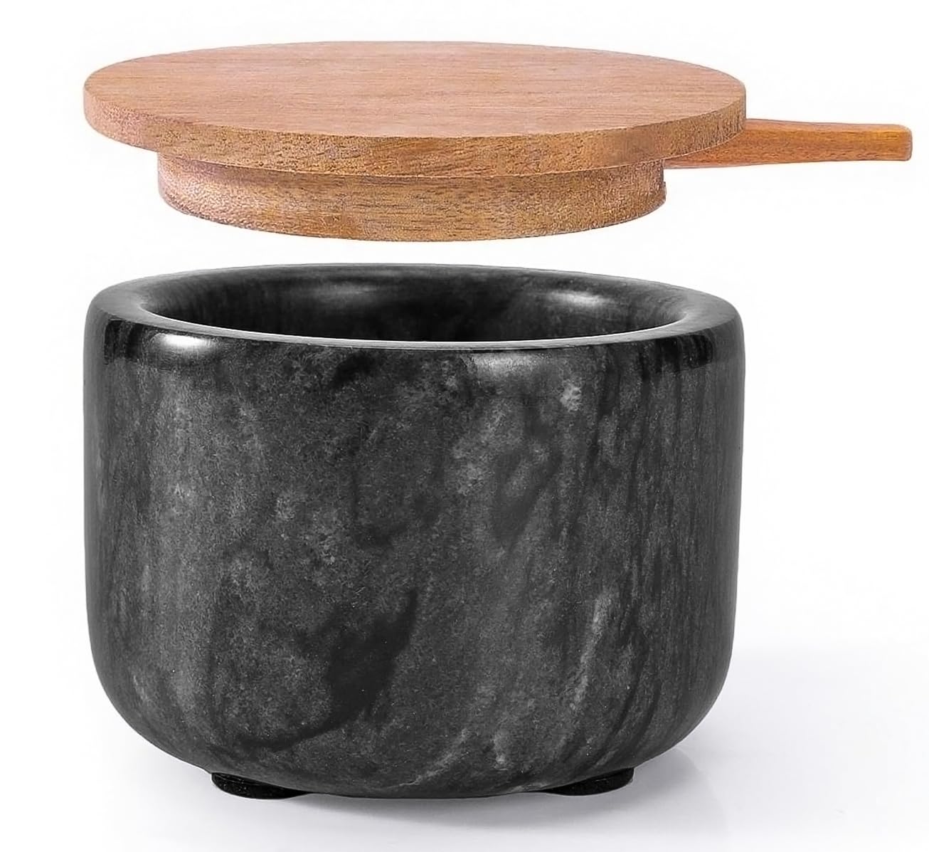 RAETTER.LY Salt and Pepper Bowl, Marble Salt Cellar and Spices Storage Container With Built-in Spoon and Acacia Wood Lid - 6.5oz Capacity (Black)