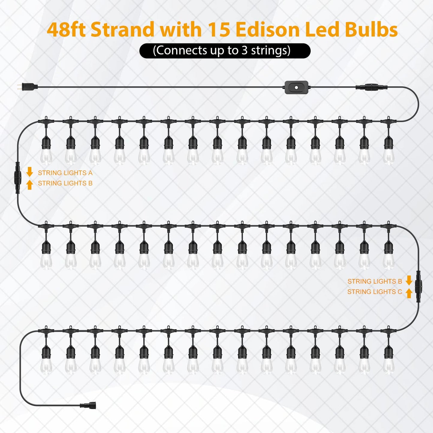 Mlambert 144Ft(3x48ft) 3-Color in 1 48Ft Remote LED Dimmable Outdoor String Lights, Plug-in 2700K/4000K/5000K Waterproof Light for Patio Backyard