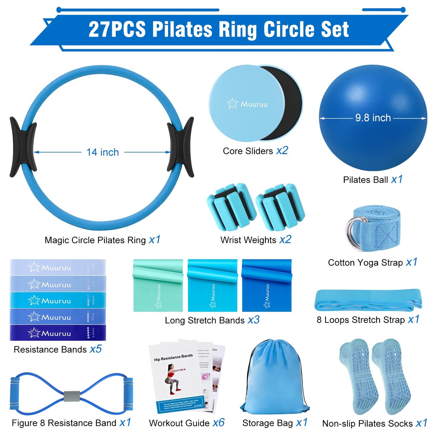 Muuruu Pilates Equipment Kit for Home Workout, Pilates Ring and Ball Set for Women, 14'' Magic Circle Essentials Accessories Kit, Wrist Weights, Resistance Bands, Yoga Strap, Socks, Bag Blue