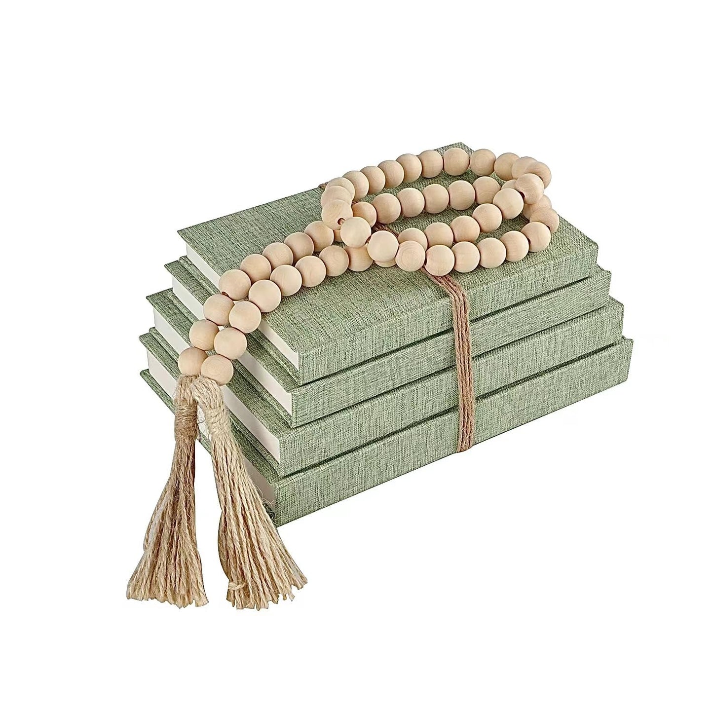 Linen Covered Decorative Books 4 Pieces, Neutral Home Decor Coffee Table Books with Wooden Beaded Tassel, Stacked Books for Rustic Farmhouse Modern, Boho, Bookshelf, Fireplace Mantel Decor, Sage