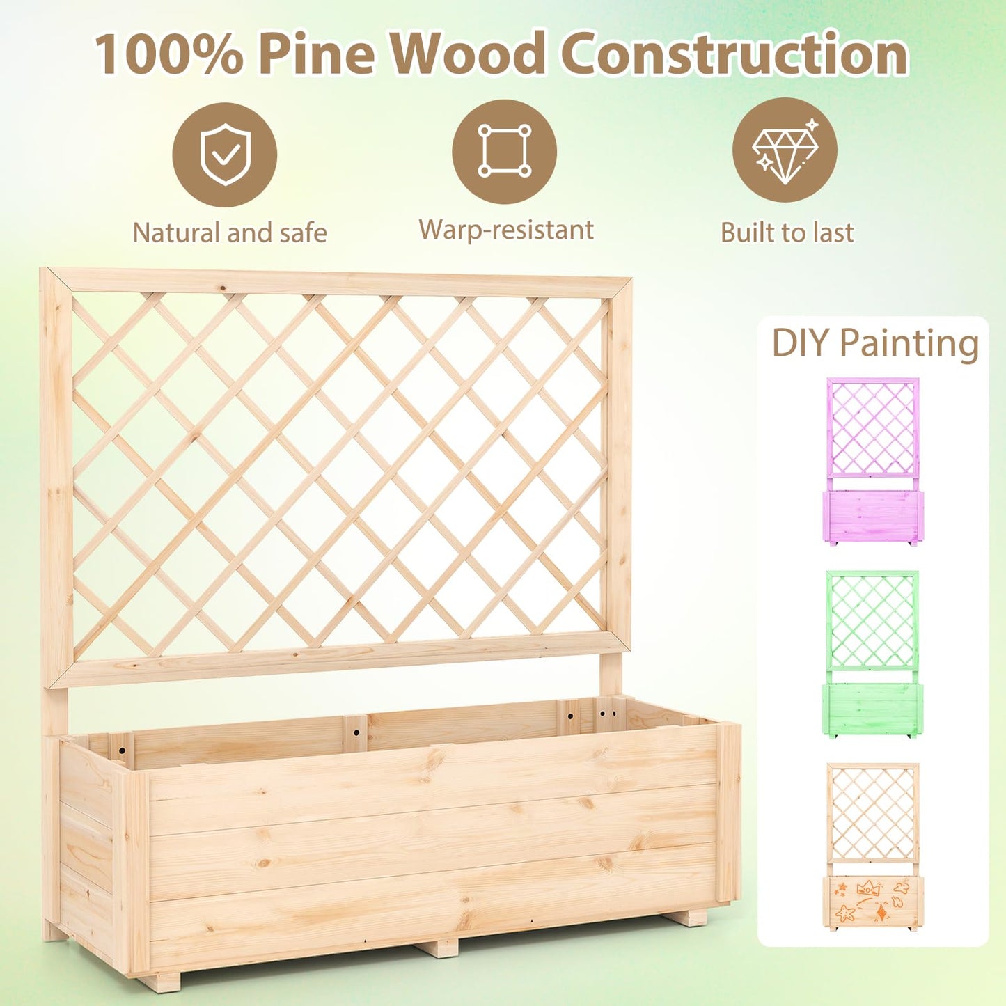 Giantex Raised Garden Bed with Trellis, Drainage Hole, Wood Elevated Planter Box for Climbing Vine Flower Herb Vegetable Fruit, Planting Container for Indoor Outdoor Patio Balcony (39”x14”x40”)