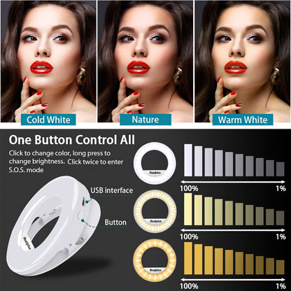 RealPlus Clip-on Selfie Ring Light [Rechargeable] with 40 LEDs and 3 Light Modes, Dimmable for Phone, Tablet, Laptop, Zoom Meeting, Makeup, Video