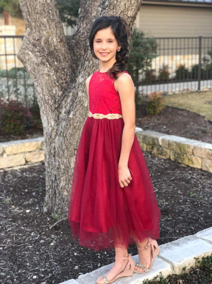 Glamulice Flower Girls Lace Bridesmaid Dress Long A Line Wedding Pageant Dresses Tulle Party Gown Girl Kid Elegant Holiday Evening Formal Princess Birthday Dance Ball Gown Christmas Red Wine 8 Prom
