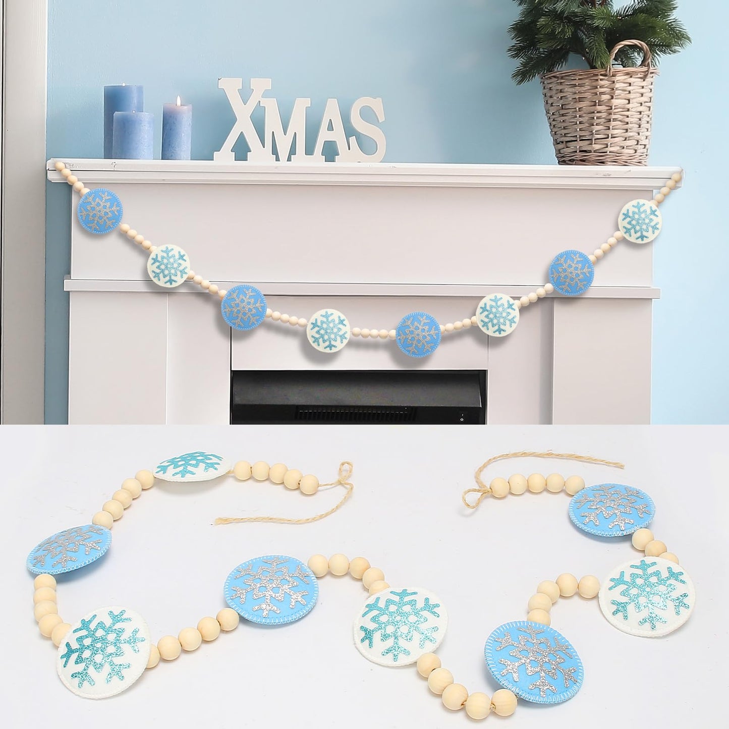 RGISHOP Felt Snowflake & Wood Bead Garland - 6.5FT Christmas Decorations for Home Fireplace Wall Hanging