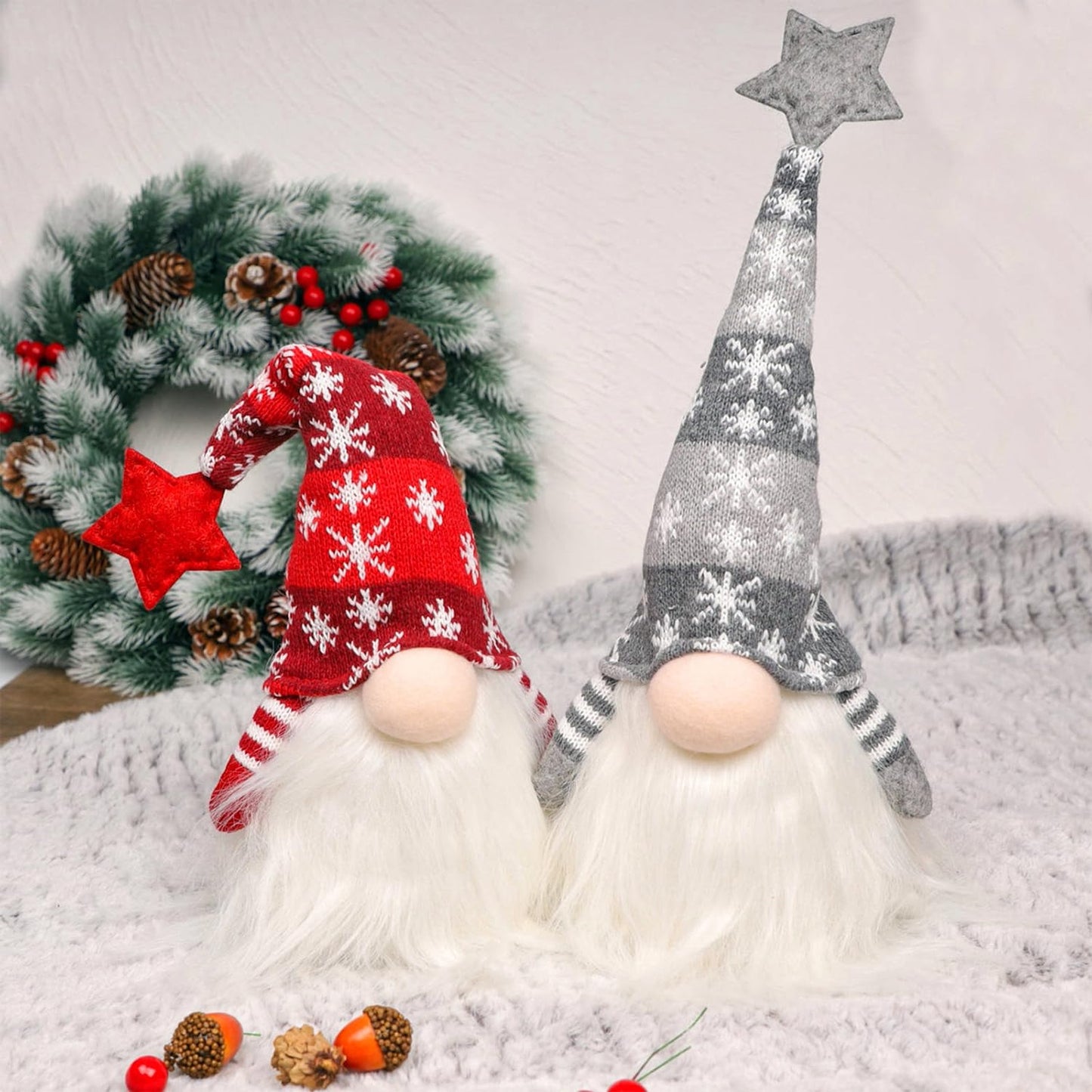 Juegoal 15" Lighted Christmas Gnome, Handmade Scandinavian Swedish Tomte, Light Up Elf Holiday Present, Battery Operated Winter Tabletop Christmas Decorations, 2 Set