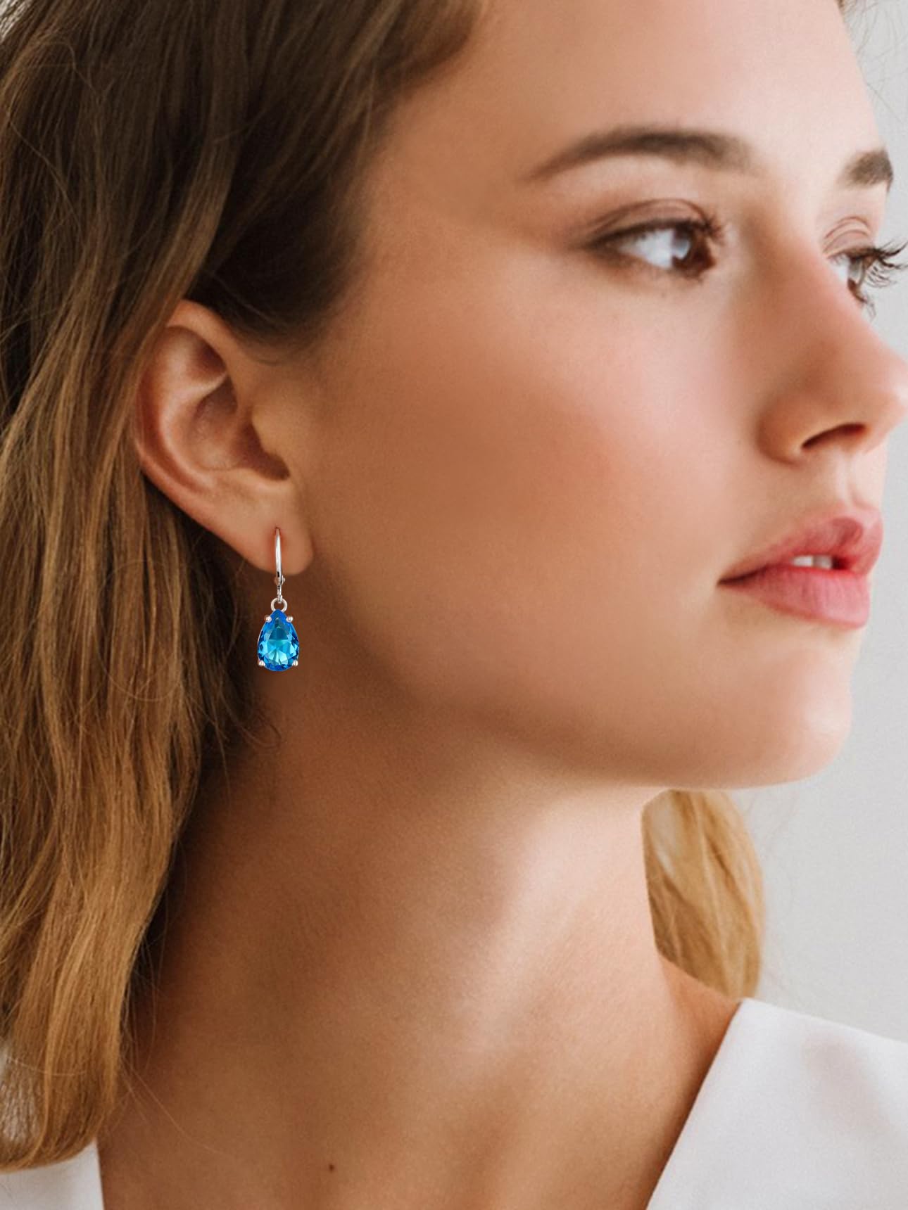 Bestyle Created Blue Topaz Drop Birthstone Earrings for Women -Small Silver Teardrop Dangle Earrings for Women - Dainty Cute Earrings Gift for Birthday Mother's Day Wedding Party
