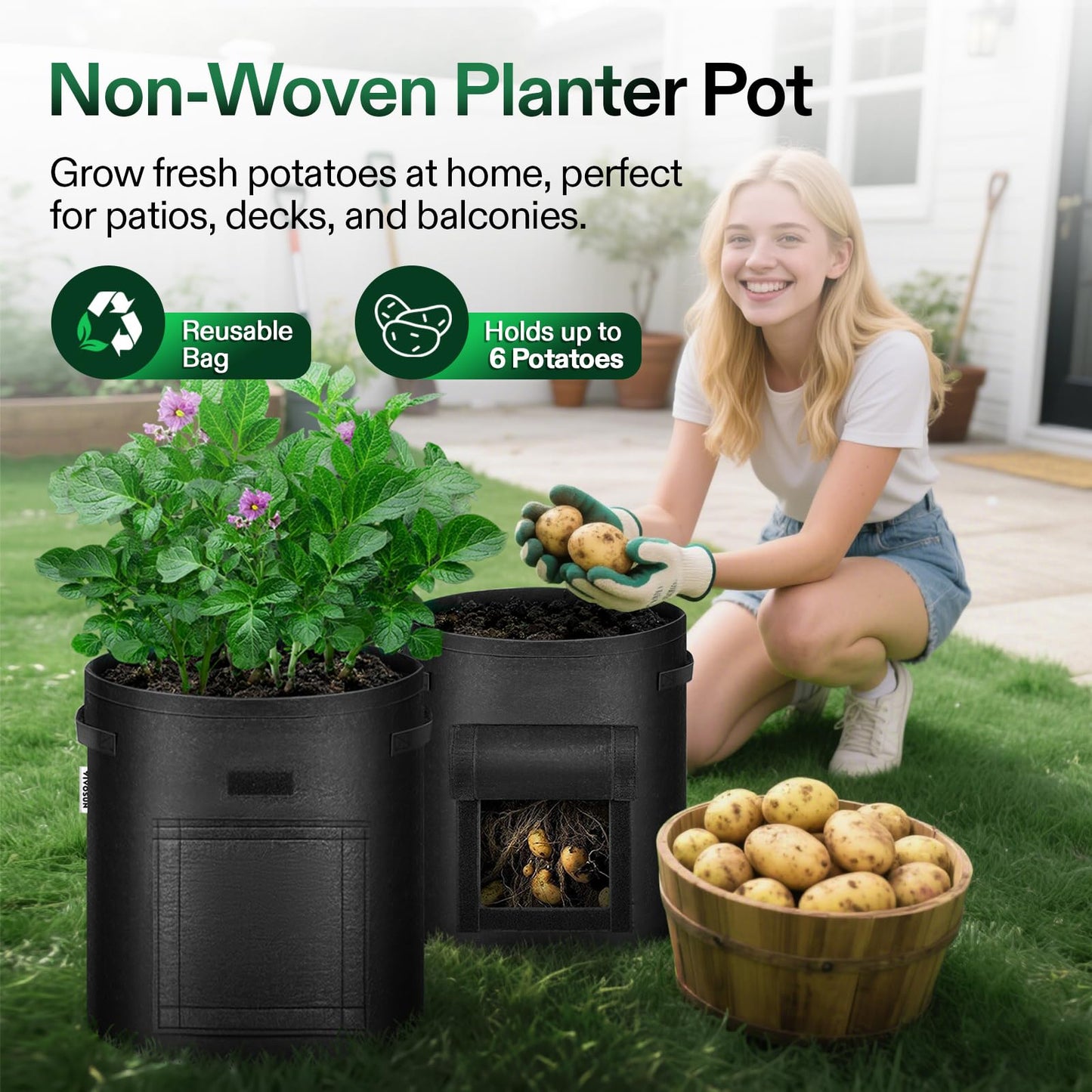VIVOSUN 5-Pack 7 Gallon Potato Grow Bags, Fabric Pots With Handle and Roll-up Window, Planter Containers for Growing Potatoes, Black