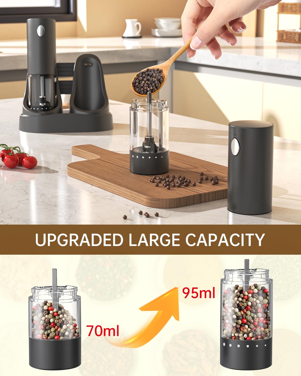 CIRCLE JOY Electric Salt and Pepper Grinder Set Rechargeable Pepper Mill Grinders with Charging Base, External Adjustable Coarseness, 95ml Container and White LED Light, Black