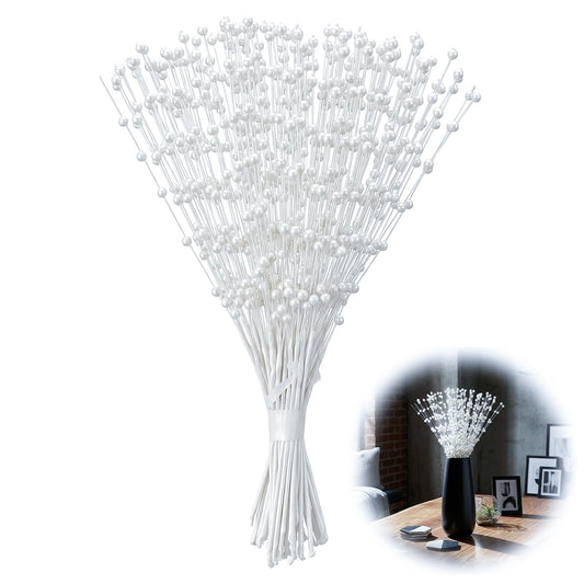 Alrhso 50 Pcs Pearl Floral Picks Pearl Bouquets 4mm Bead String Garland Floral Beaded Spray Filler Arrangements Christmas Tree Picks Wedding Decor (White)