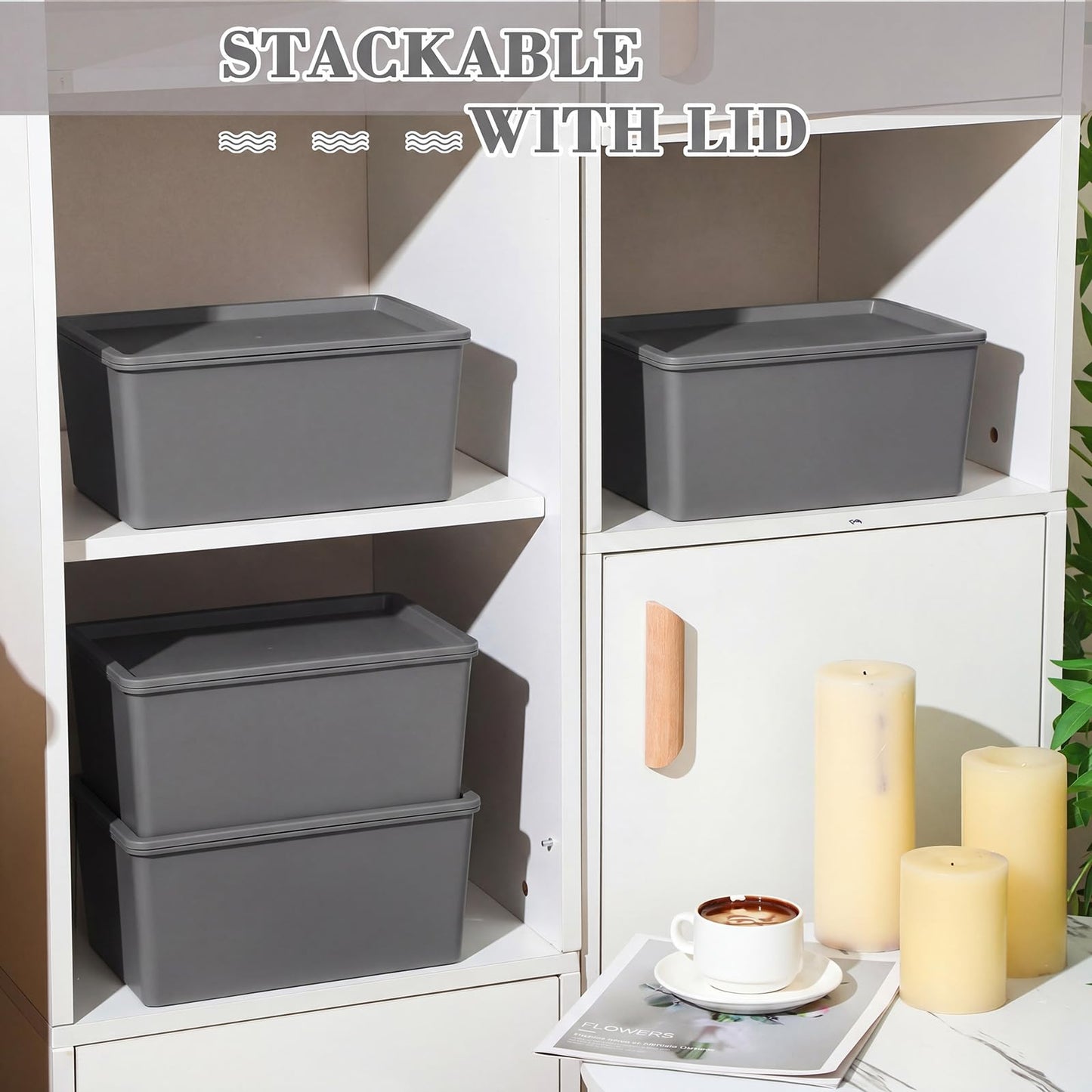 Menkxi 4 Pcs Storage Bins with Lids Plastic Stackable Containers for Organizing Shelves Christmas Ornament Box Baskets(Gray,Small)