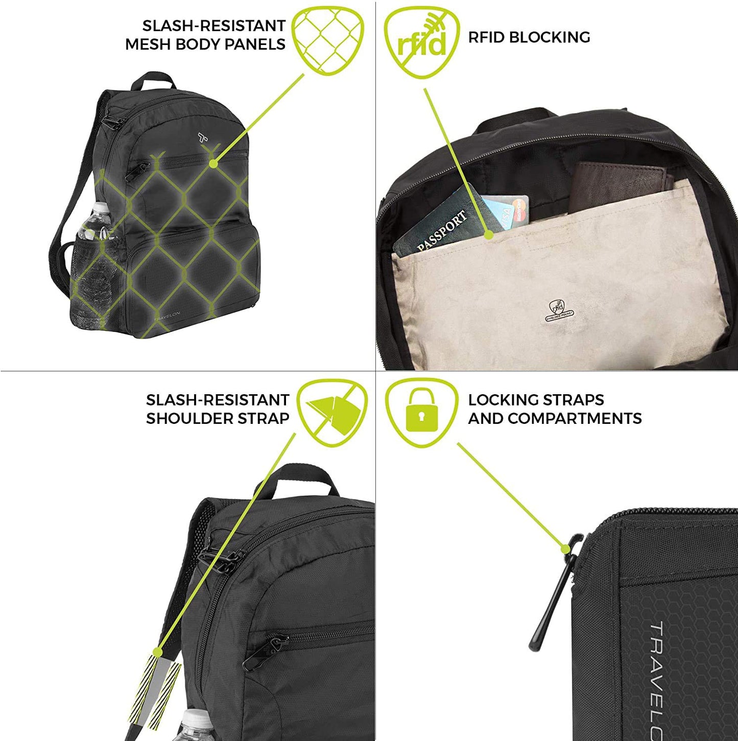 Travelon Anti-theft Packable Backpack Backpack, Black, Open 10.5 x 17 x 6 Packed 10.5 x 6 x 1, Anti-theft Packable Backpack