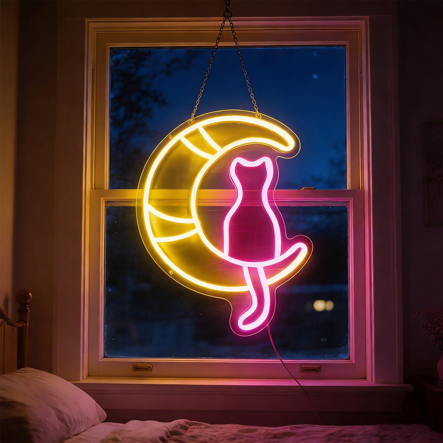 HFHungkeong Cute Kwaii Cat Neon Signs Acrylic LED Anime Moon Cats Neon Sign with Dimmable Switch and 1Pc Hanging Chain for Bedroom Living Room Children Girls Gift Bar Home Party Birthday