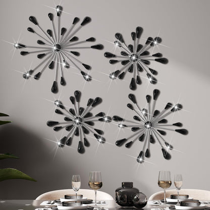 Hicarer 4 Pcs Starburst Wall Decor Bling Wall Art Crystal Teardrop 3D Hanging Rhinestone Radial Metal Artwork Modern Accent Sculptures Decorations for Living Room Home Office Bedroom(Black Diamond)