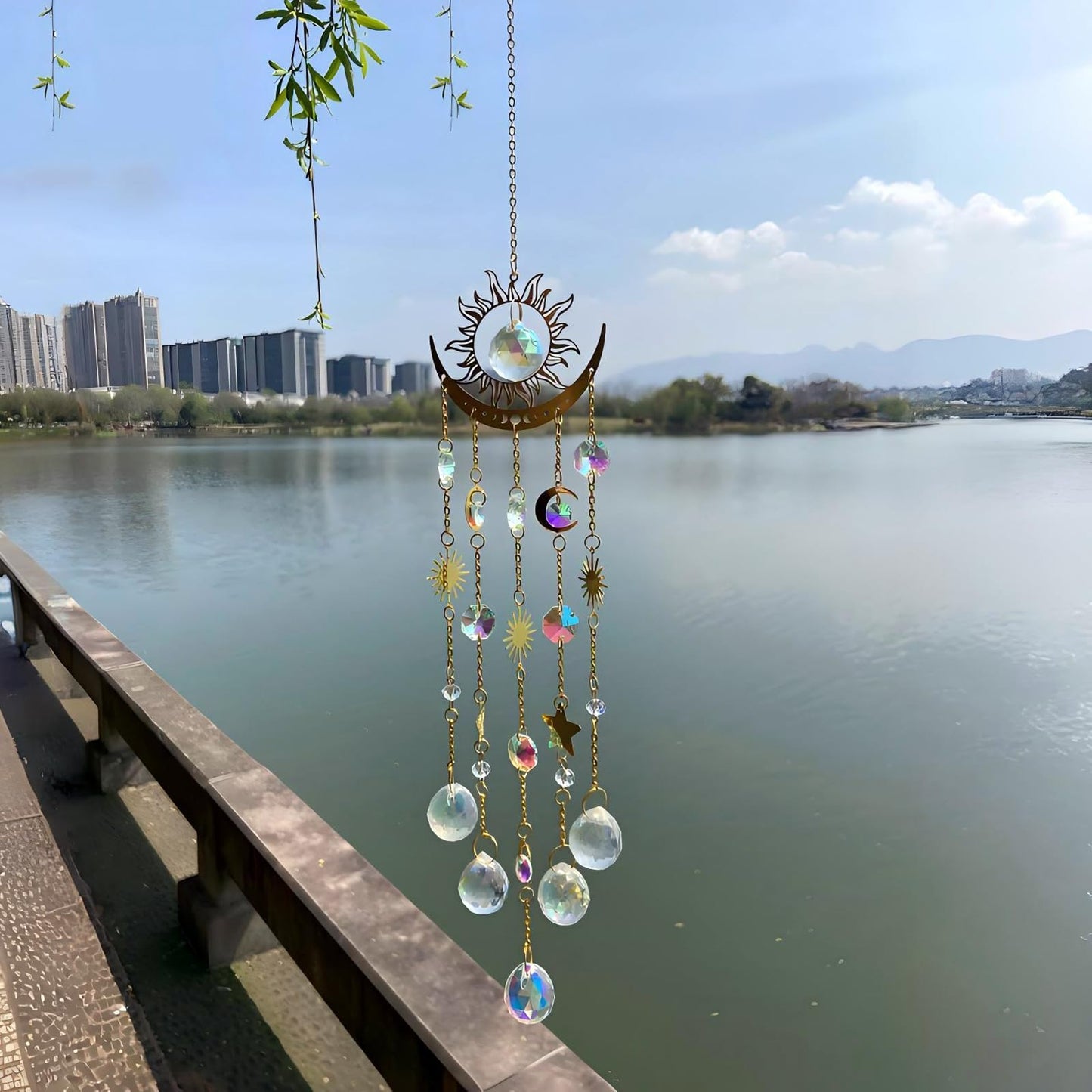 Sun and Moon Crystal Suncatcher for Window Hanging, Prism Sun Catcher with Chain and Hook, Rainbow Maker for Ceiling Porch Indoor Window Home Garden Christmas Day Party Wedding Decoration