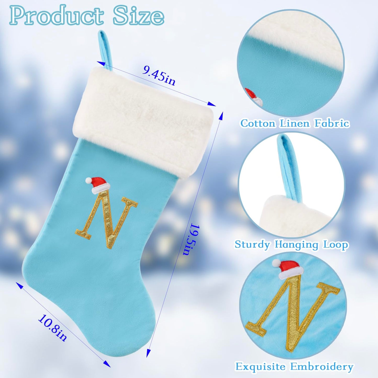 AUAWMLK 20-Inch Letter Embroidered Christmas Stocking Thick and Luxurious Light Blue Velvet with Super Soft Plush Cuff Personalized Festival Decoration for Xmas and New Year Party(Letter V)