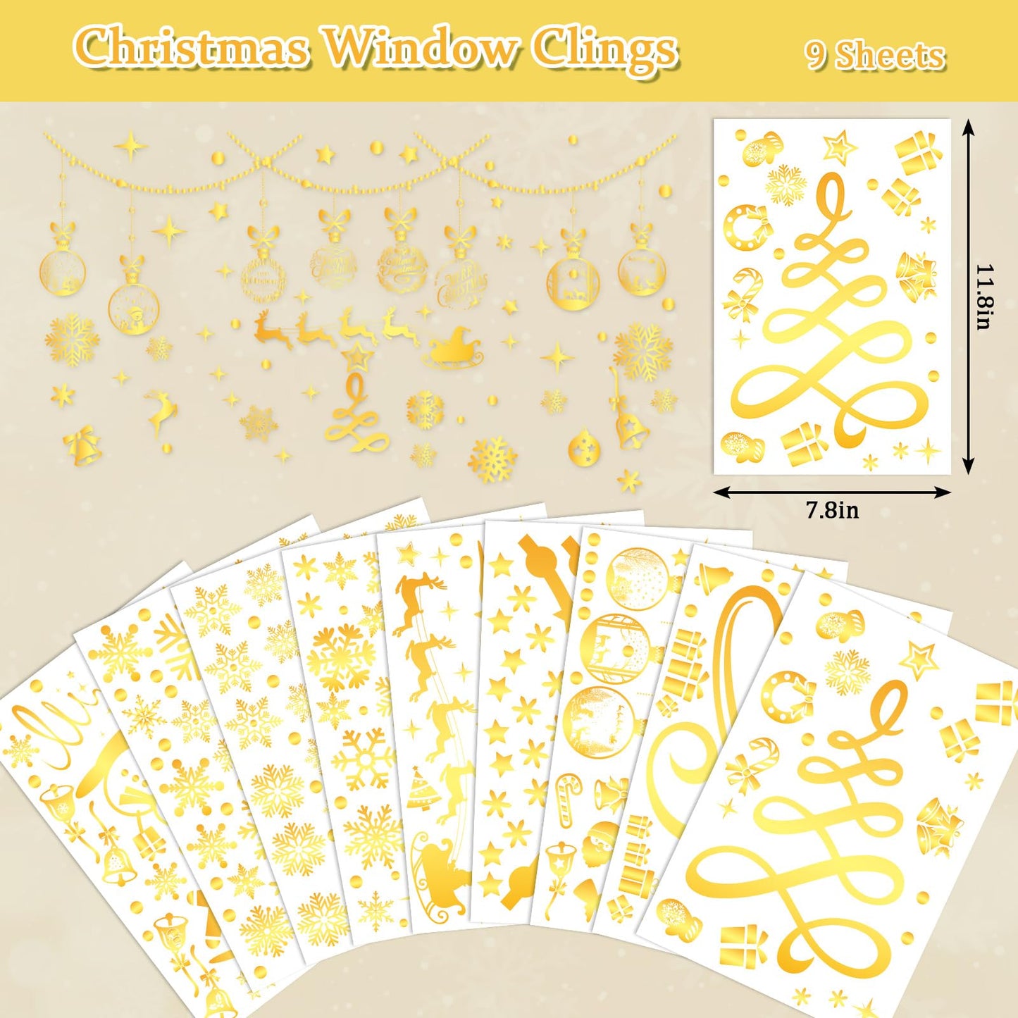 Whaline 9 Sheets Gold Christmas Window Clings Merry Christmas Tree Snowflake Window Decals Reusable Double-Sided Windows Decor for Winter Holiday Home Classroom Office Party Supplies