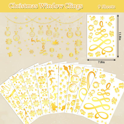Whaline 9 Sheets Gold Christmas Window Clings Merry Christmas Tree Snowflake Window Decals Reusable Double-Sided Windows Decor for Winter Holiday Home Classroom Office Party Supplies