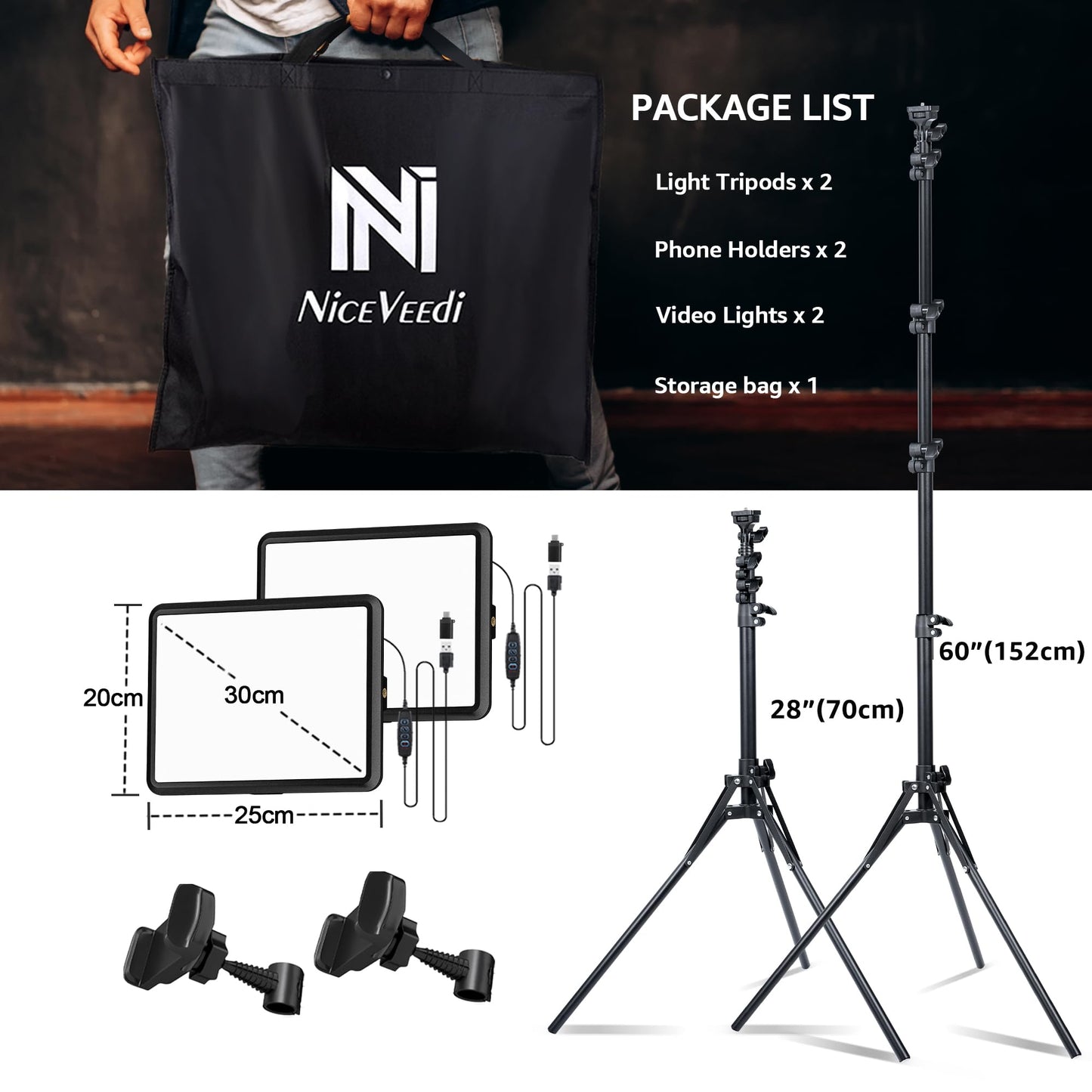 NiceVeedi 2-Pack Photography Lighting Kit, 25 * 20CM Dimmable15W LED Studio Video Light, Stream Selfie Light for Recording/Game Streaming/Camera Portrait, With 160CM Tripod (15w-2 Pack)
