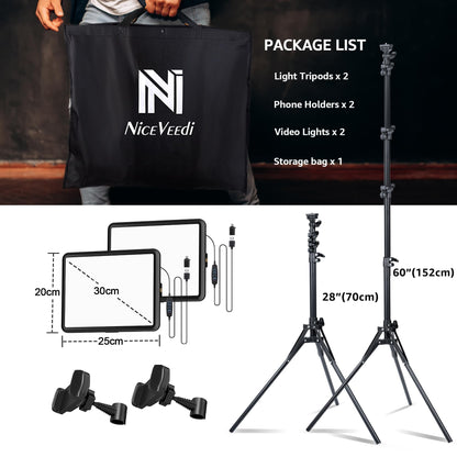 NiceVeedi 2-Pack Photography Lighting Kit, 25 * 20CM Dimmable15W LED Studio Video Light, Stream Selfie Light for Recording/Game Streaming/Camera Portrait, With 160CM Tripod (15w-2 Pack)