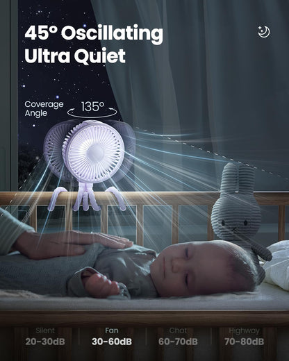Gaiatop Oscillating Baby Stroller Fan, LED Night Light 4 Speeds Rechargeable 360° Rotate Clip On, Battery Operated Small Portable Cooling Fans for Car Seat Crib Treadmill Travel (Purple)