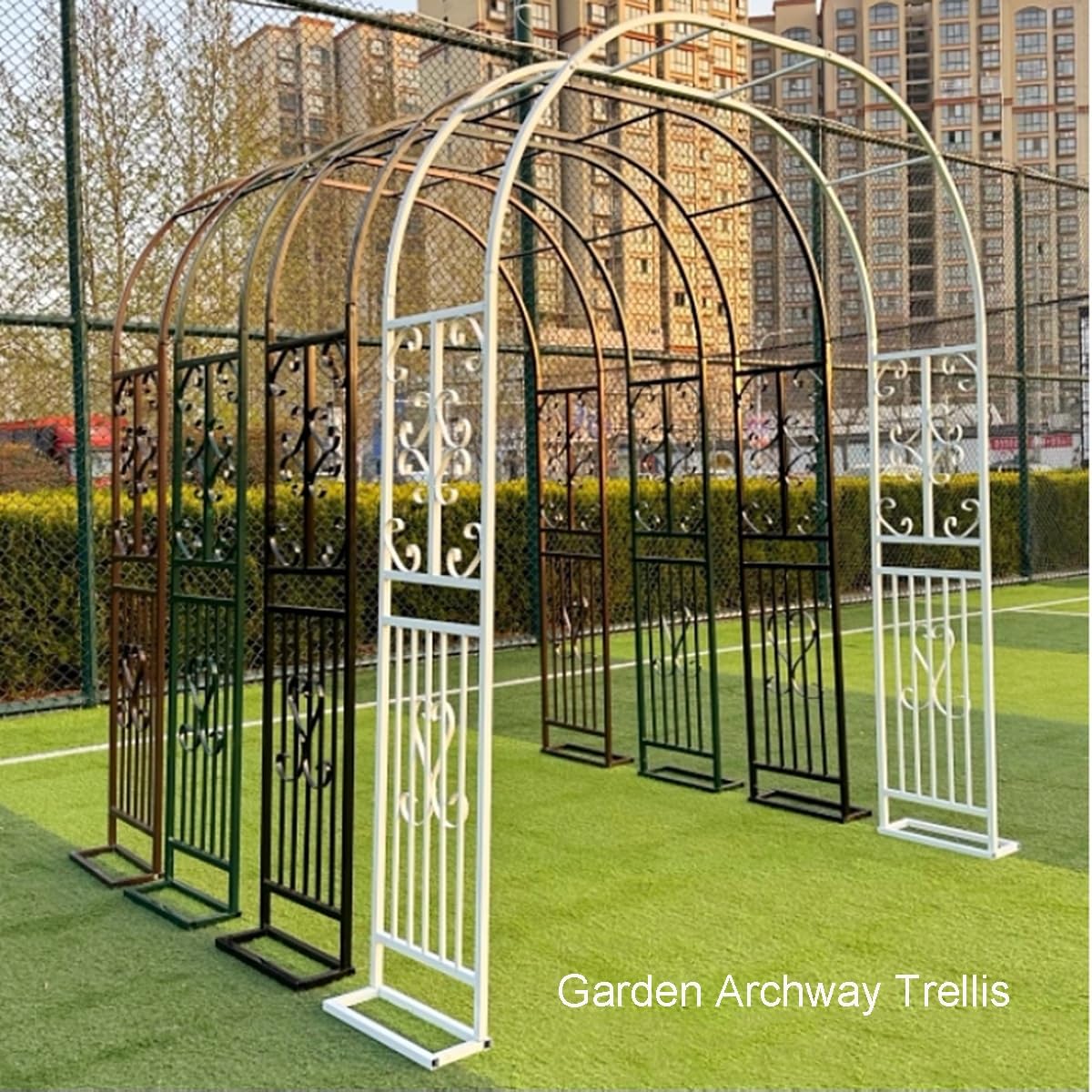 Garden Arch Metal Pergola Archway with Base, 86.5" 118" 134" 55" 71" Heavy Duty Steel Trellis for Climbing Plants, Outdoor Arbor for Wedding Backyard Lawn Pathway(Green-Diamond,55" W x 86.6" H)